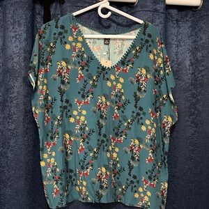 Teal Floral V-Neck Blouse